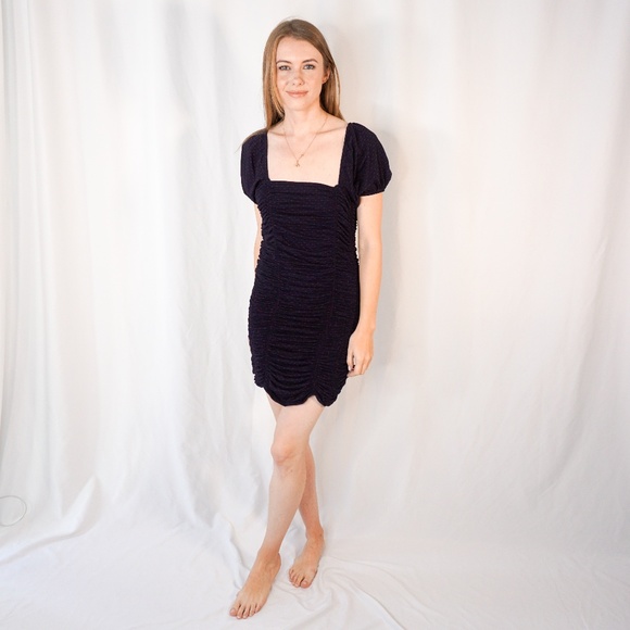 FREE PEOPLE Box Neck Smocked Mini Dress Blue - Picture 5 of 8